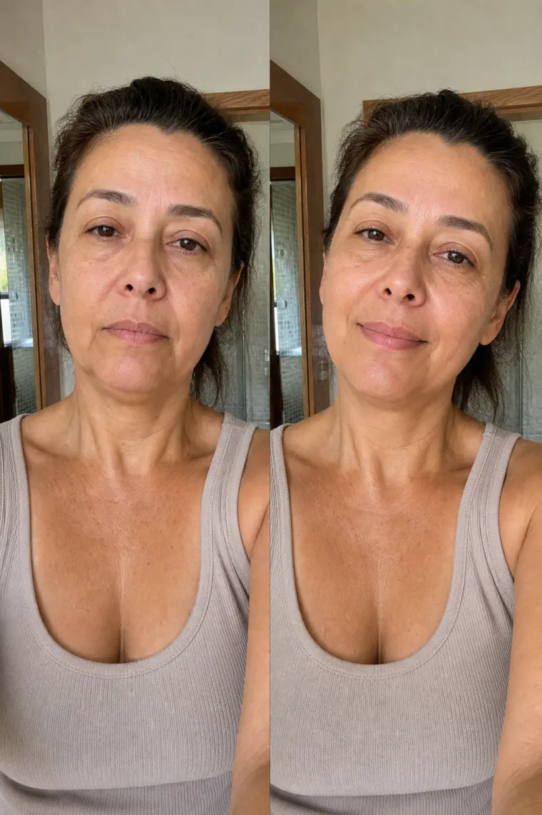 Antes e depois de uma mulher brasileira madura com marcações do mecanismo facial