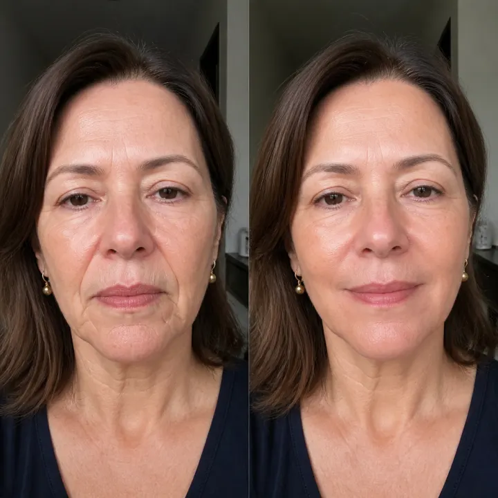 Antes e depois de Lúcia, 58 anos, mostrando melhora visual no bigode chinês