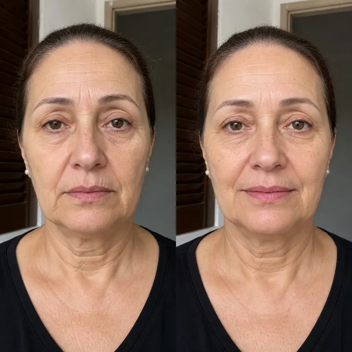 Antes e depois de Marta, 63 anos, mostrando melhora visual em olhar cansado e testa