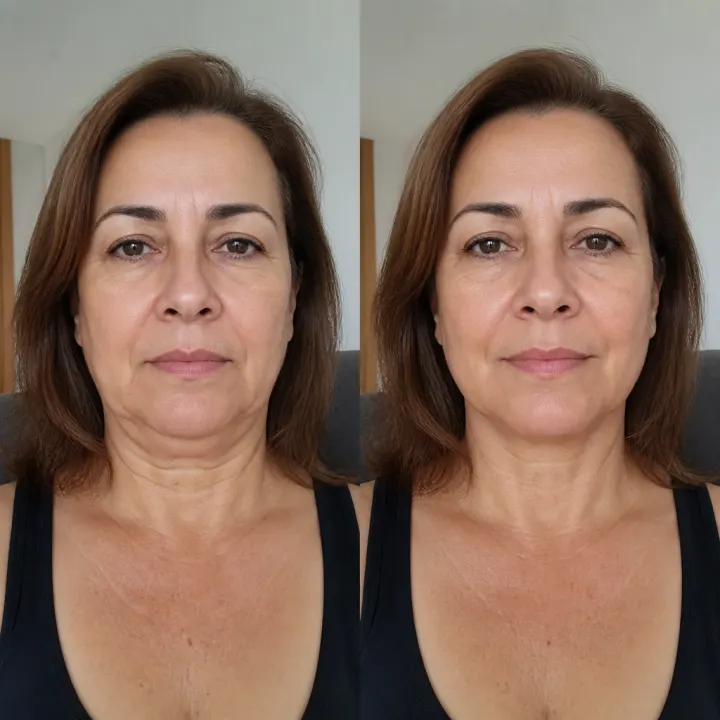 Antes e depois de Sônia, 52 anos, mostrando melhora visual em papada e mandíbula